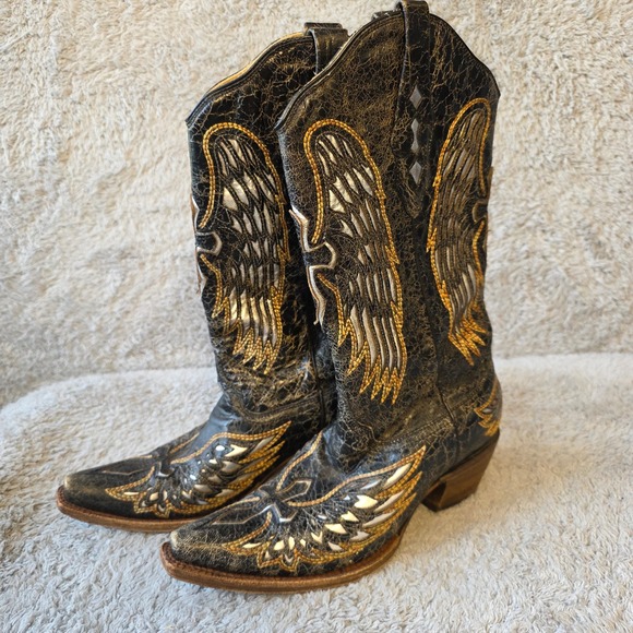 Corral Womens Cross Wings Overlay Western Cowboy Boots Snip Toe 8.5M Black Gold - Picture 1 of 16